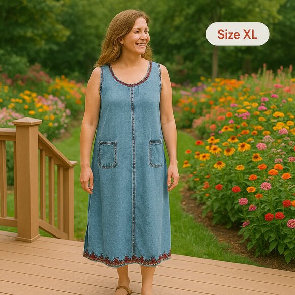 AGAPO Vintage Women's Denim Embroidered Dress Size 2X Sleeveless Made in India - Picture 13 of 13